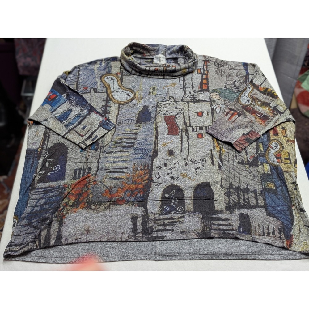 Inoah Women S Gray Whimsical Art Print Cowl Neck Tunic Top Oversized Made in USA